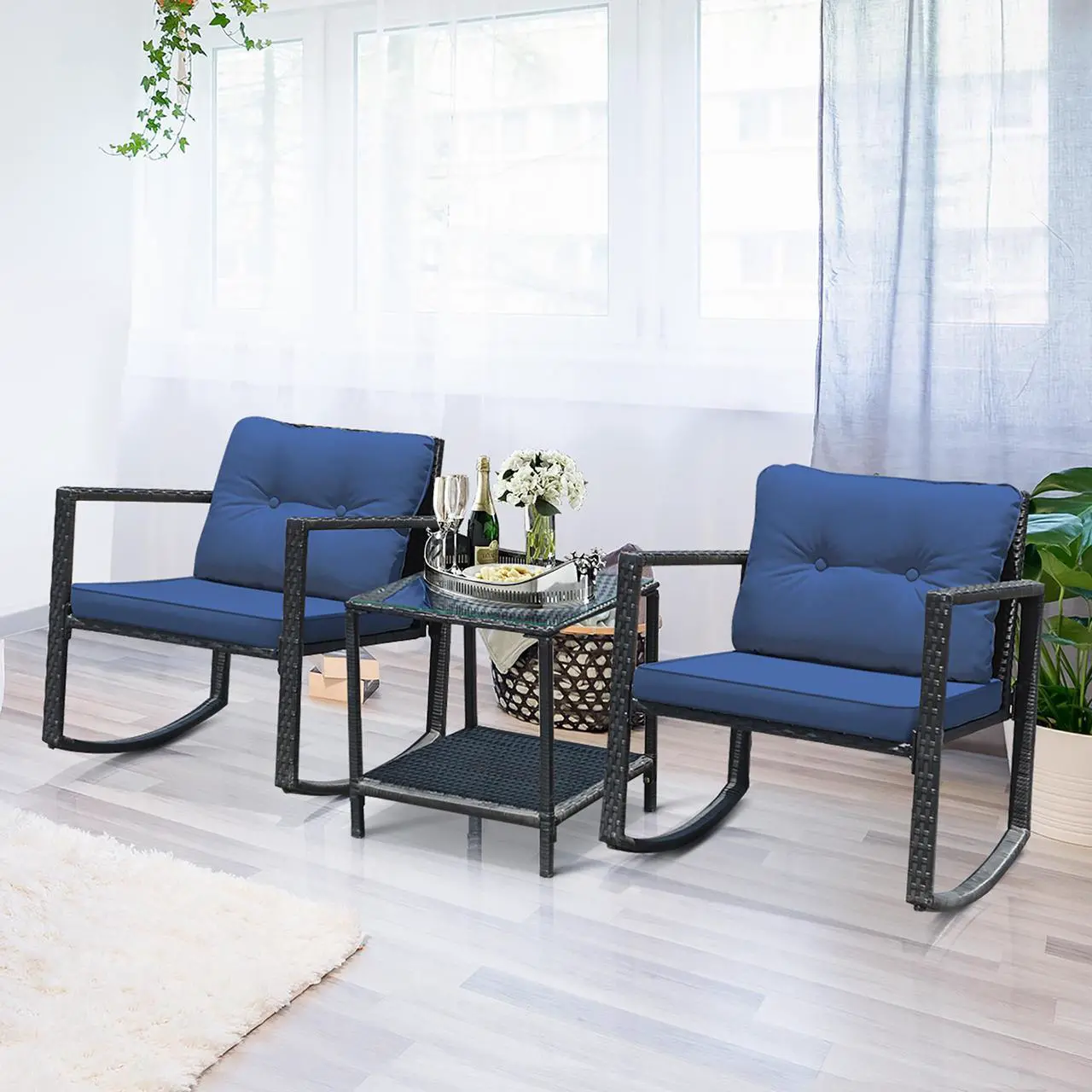 Alt view image 3 of 7 - Costway 3PCS Patio Rattan Furniture Set Rocking Chairs Cushioned Sofa Navy