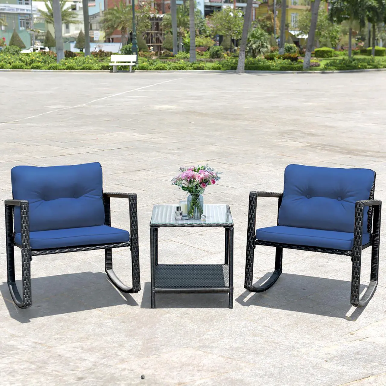 Alt view image 2 of 7 - Costway 3PCS Patio Rattan Furniture Set Rocking Chairs Cushioned Sofa Navy