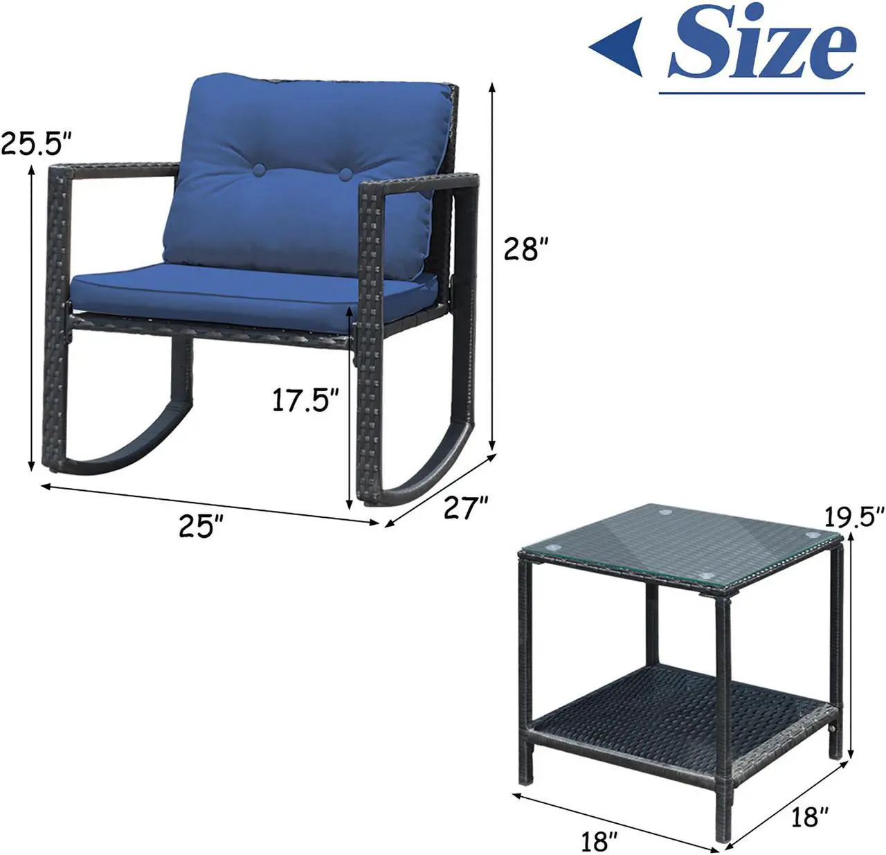 Alt view image 7 of 7 - Costway 3PCS Patio Rattan Furniture Set Rocking Chairs Cushioned Sofa Navy