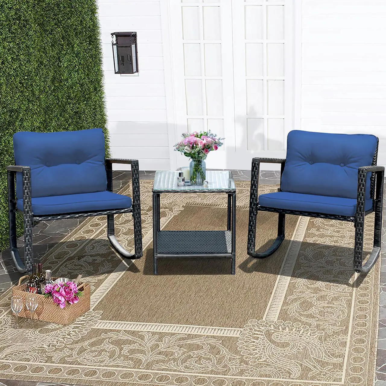 Main image of Costway 3PCS Patio Rattan Furniture Set Rocking Chairs Cushioned Sofa Navy