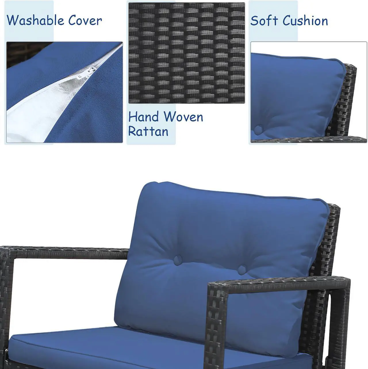 Alt view image 5 of 7 - Costway 3PCS Patio Rattan Furniture Set Rocking Chairs Cushioned Sofa Navy