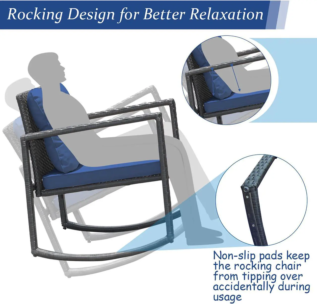Alt view image 6 of 7 - Costway 3PCS Patio Rattan Furniture Set Rocking Chairs Cushioned Sofa Navy