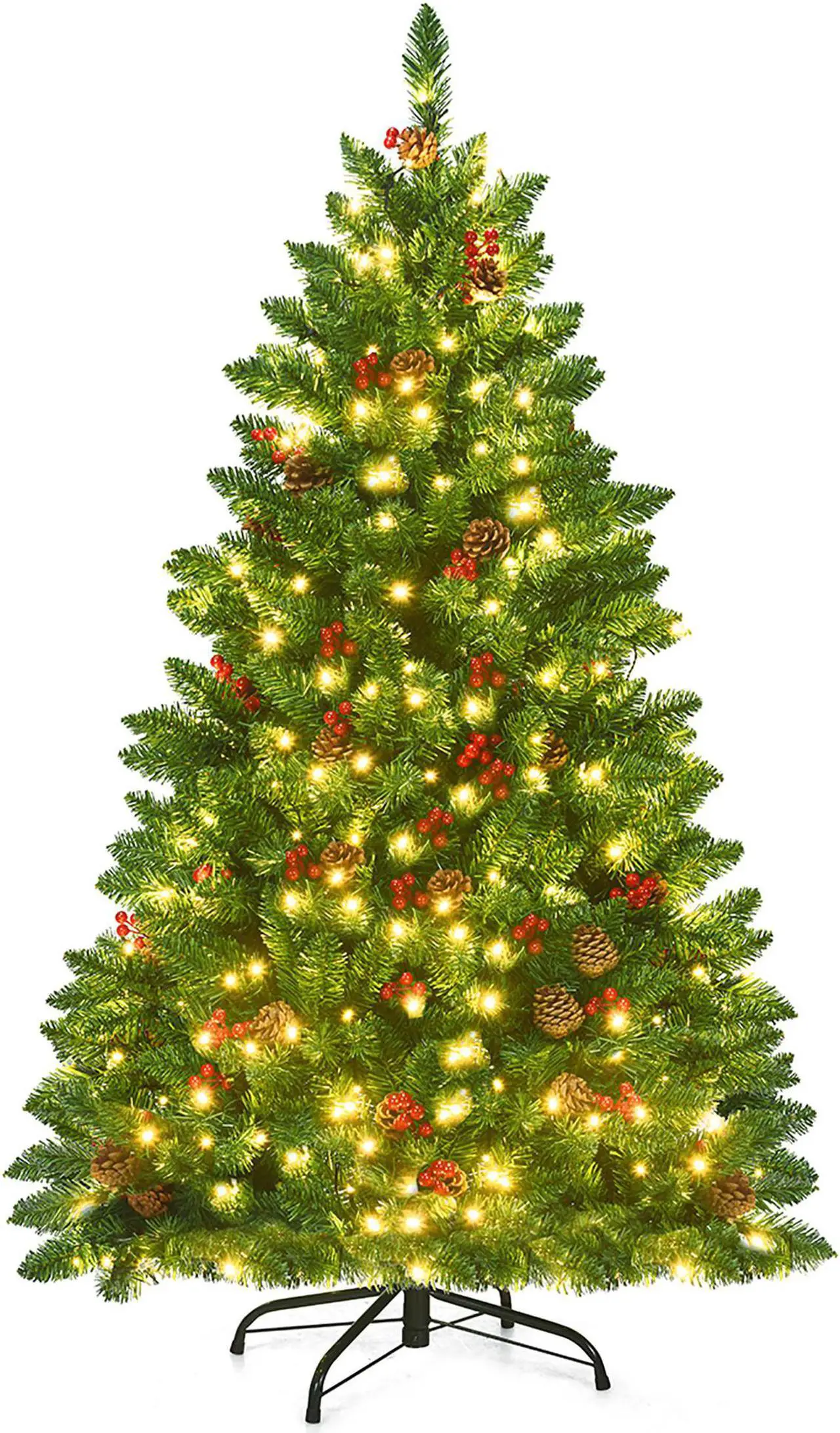 Costway 4.5Ft Pre-Lit  Artificial Christmas Tree with Sturdy Metal Stand Pine Cones and Red Berries