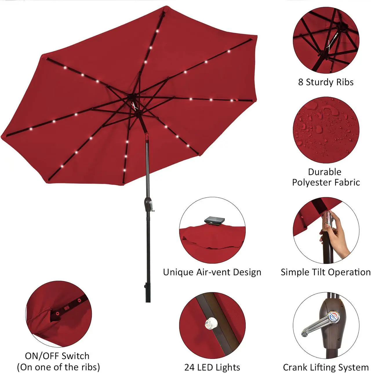 Alt view image 5 of 7 - Costway 10ft Patio Solar Umbrella LED Patio Market Steel Tilt W/ Crank (Burgundy)