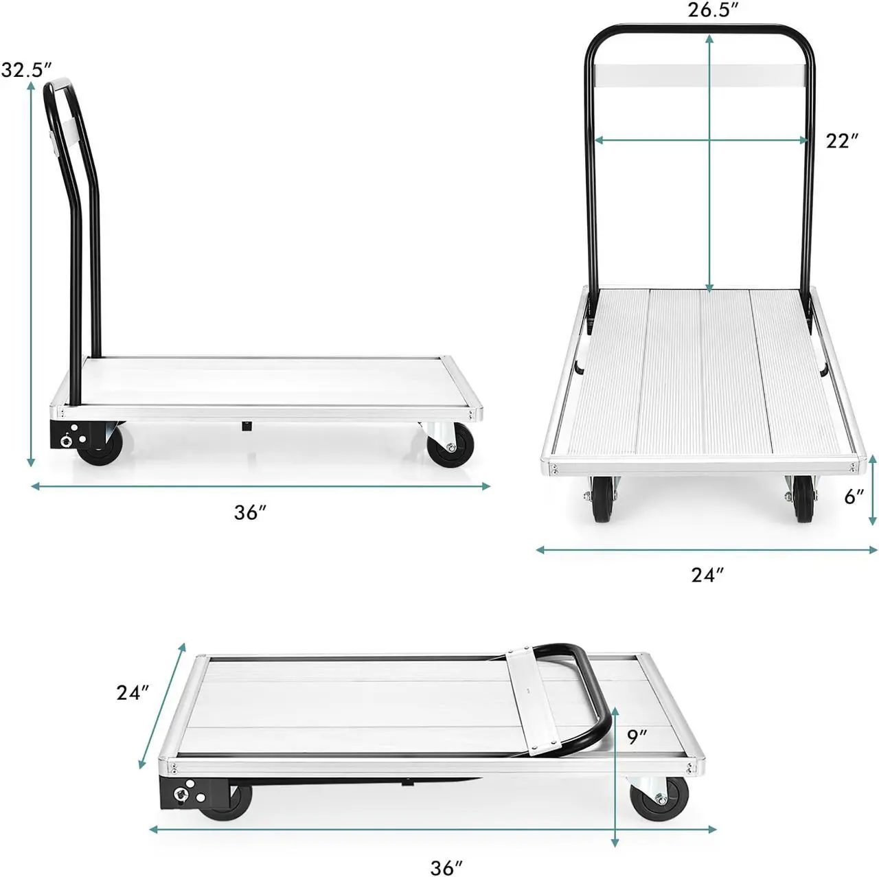 Alt view image 2 of 7 - Costway Folding Aluminum Alloy Platform Truck 770 LBS Push Cart Dolly w/ 4 TPR Wheels