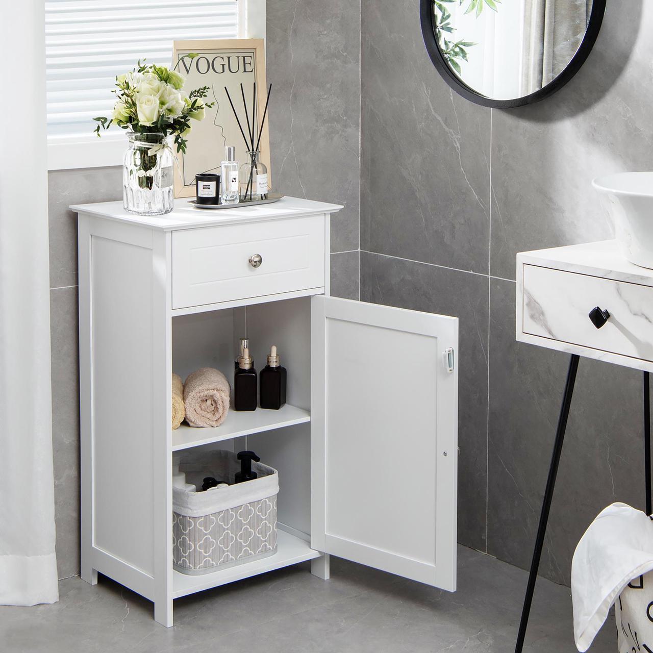 Alt view image 2 of 7 - White Floor Storage Cabinet Bathroom Organizer Cupboard Drawer Shelf Bath Towel