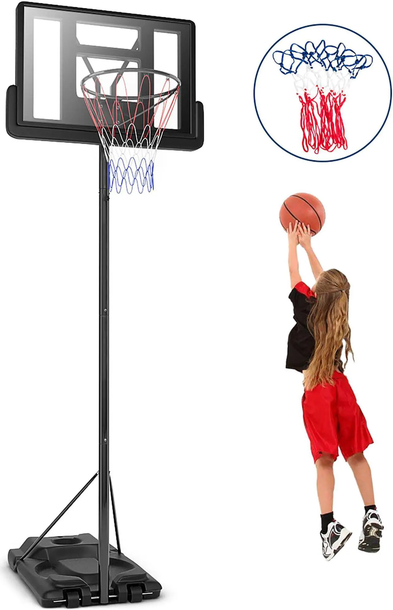 Main image of Height Adjustable Portable Basketball Hoop System Shatterproof Backboard Wheels  2 Nets