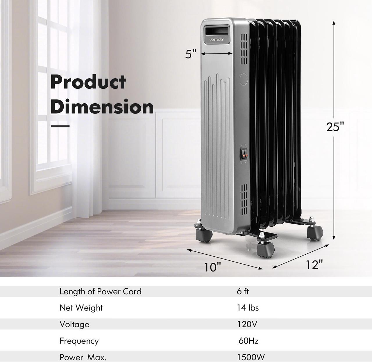 Alt view image 3 of 7 - Costway 1500W Oil-Filled Radiator Heater Portable Electric Space Heater 3 Heat Settings