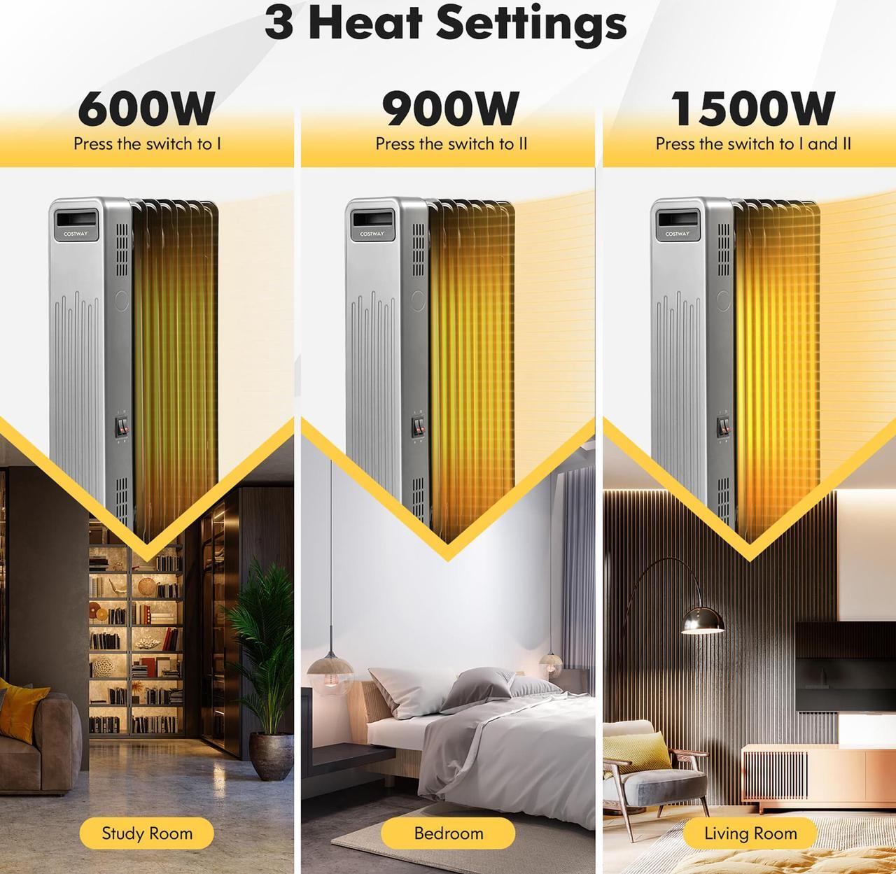 Alt view image 5 of 7 - Costway 1500W Oil-Filled Radiator Heater Portable Electric Space Heater 3 Heat Settings