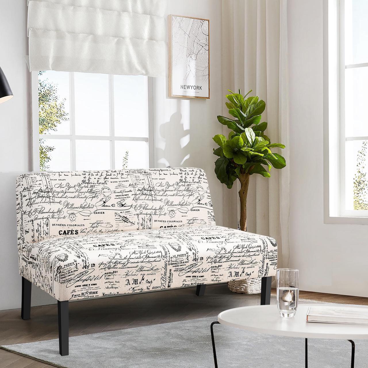 Alt view image 4 of 7 - Costway Armless Loveseat Sofa Fabric Settee Bench Bed Chair Wooden Leg Living Room