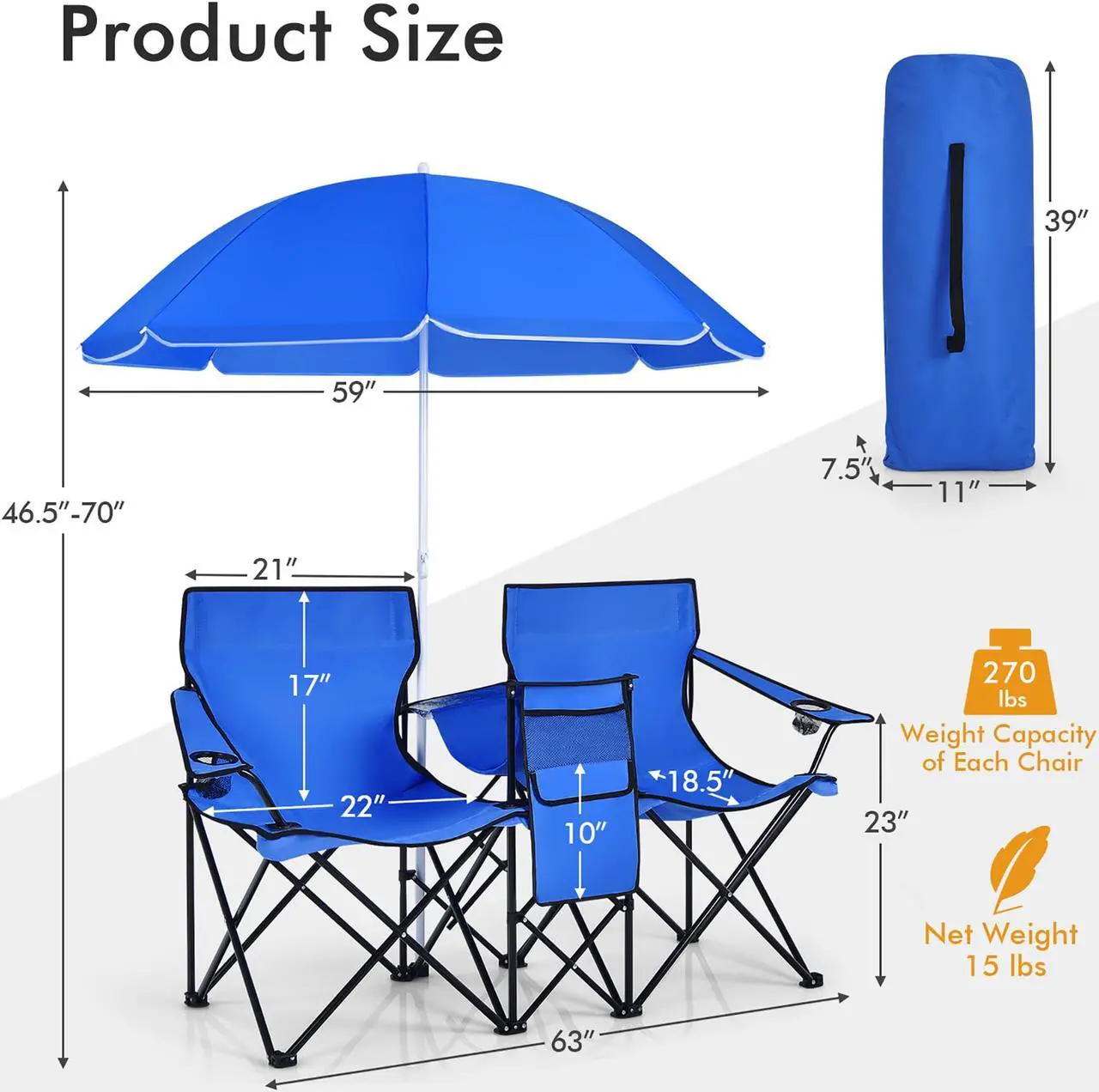 Alt view image 2 of 7 - Costway Portable Folding Picnic Double Chair W/Umbrella Table Cooler Beach Camping Chair