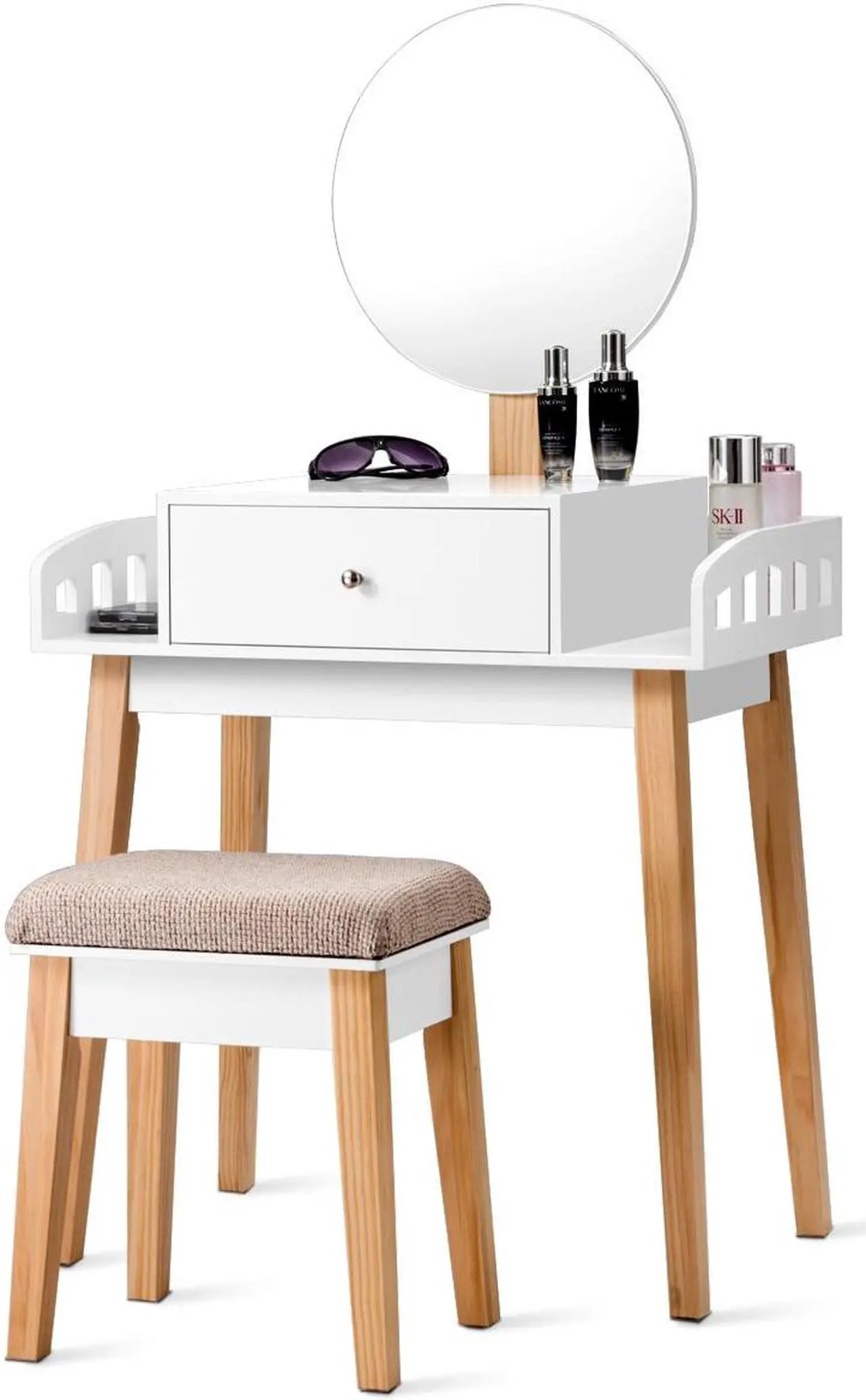 Alt view image 4 of 7 - Costway Wooden Vanity Makeup Dressing Table Stool Round w/Drawer