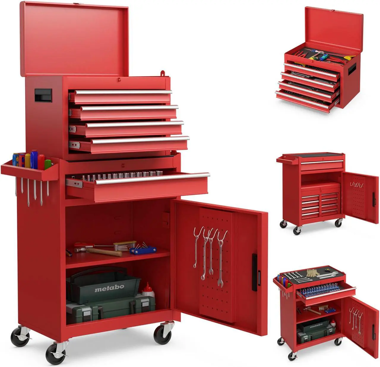 Main image of Costway 2 in 1 Tool Chest & Cabinet with 5 Sliding Drawers Rolling Garage Organizer Red