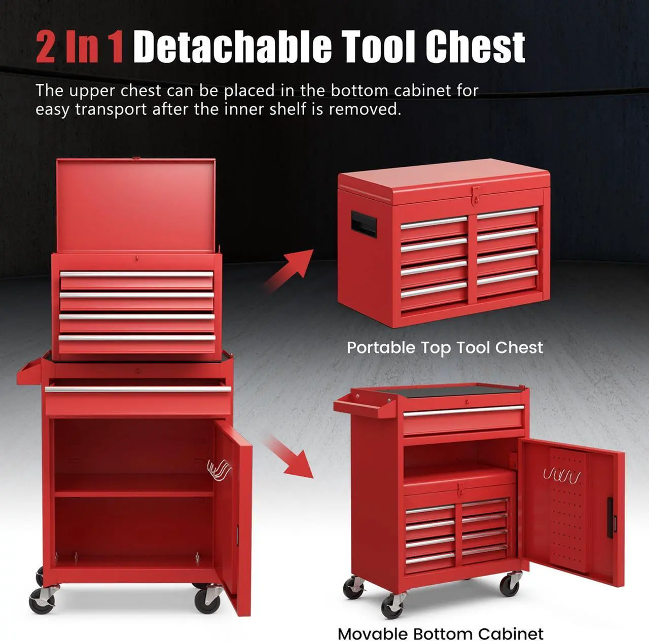 Alt view image 2 of 7 - Costway 2 in 1 Tool Chest & Cabinet with 5 Sliding Drawers Rolling Garage Organizer Red