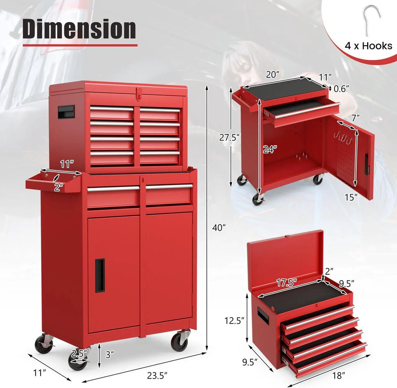Alt view image 3 of 7 - Costway 2 in 1 Tool Chest & Cabinet with 5 Sliding Drawers Rolling Garage Organizer Red