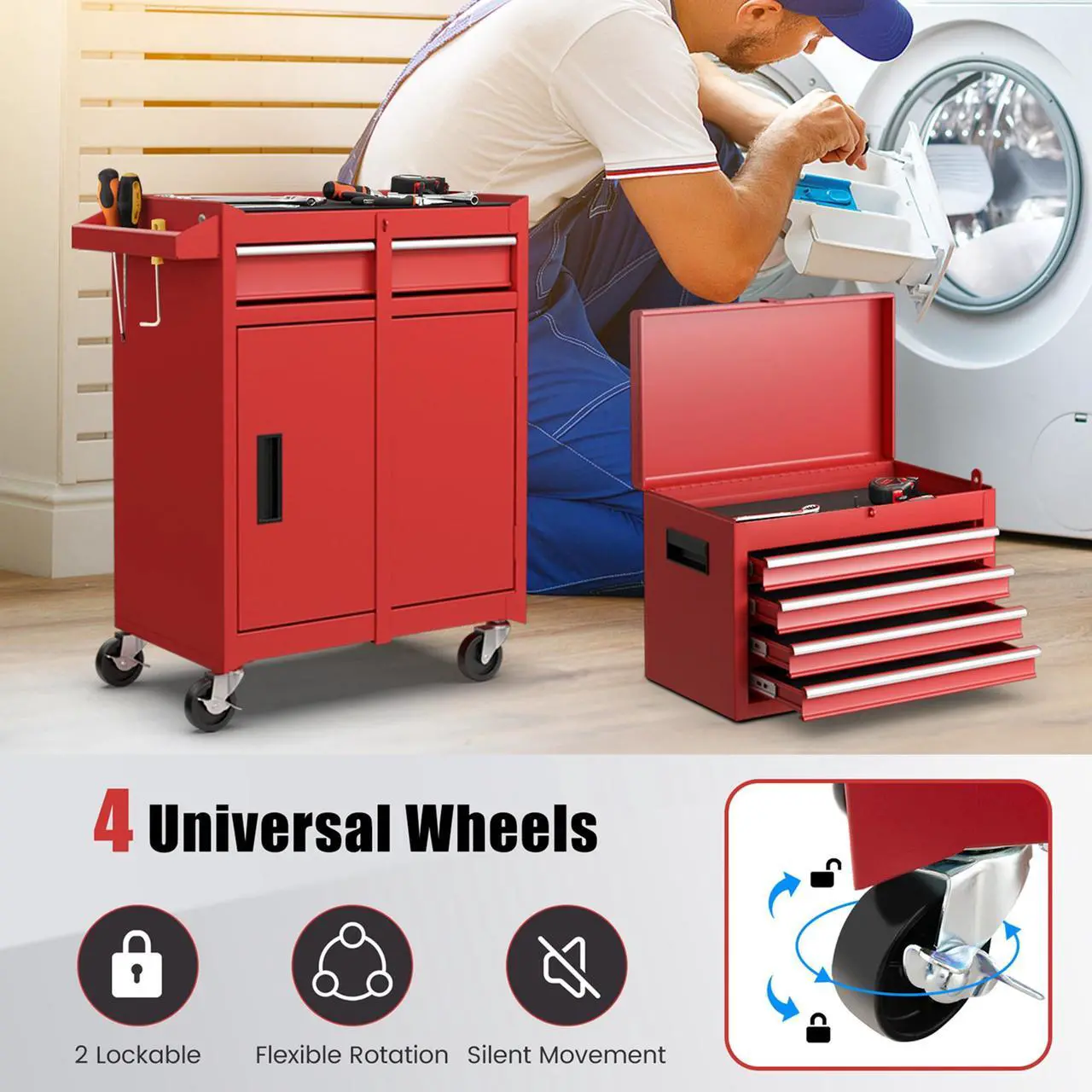 Alt view image 7 of 7 - Costway 2 in 1 Tool Chest & Cabinet with 5 Sliding Drawers Rolling Garage Organizer Red