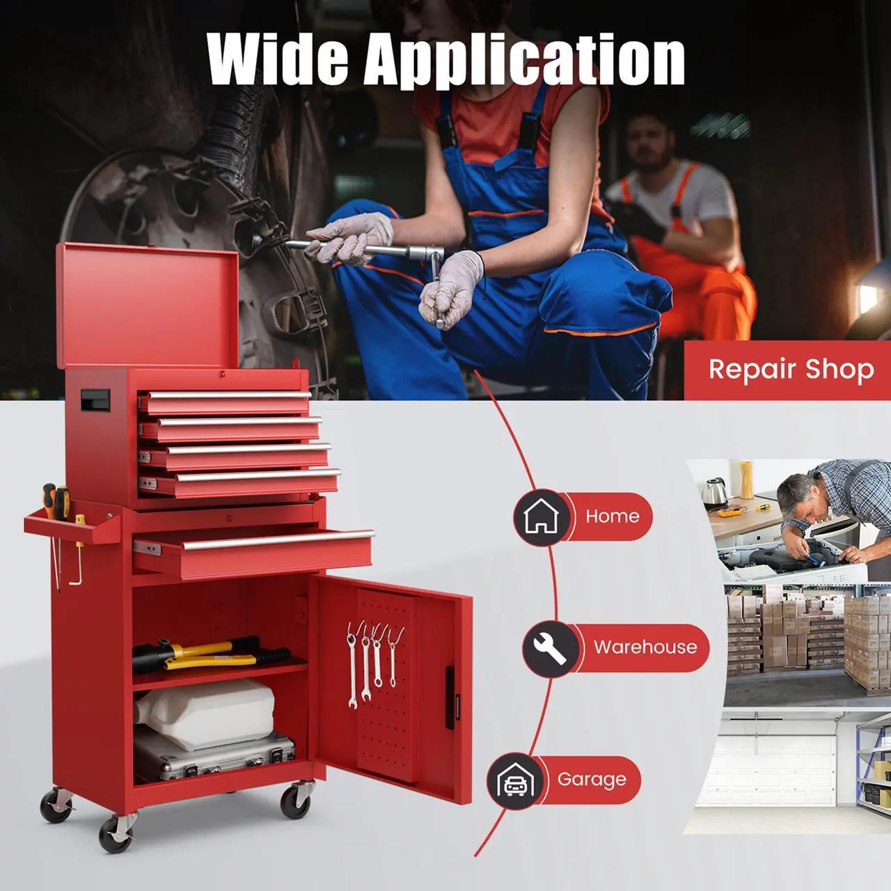 Alt view image 6 of 7 - Costway 2 in 1 Tool Chest & Cabinet with 5 Sliding Drawers Rolling Garage Organizer Red