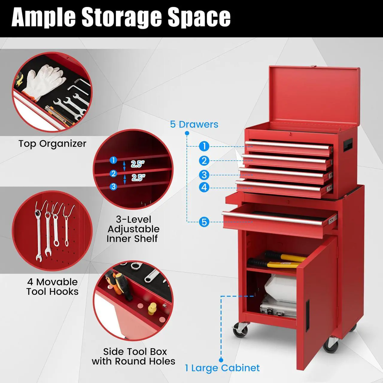 Alt view image 4 of 7 - Costway 2 in 1 Tool Chest & Cabinet with 5 Sliding Drawers Rolling Garage Organizer Red