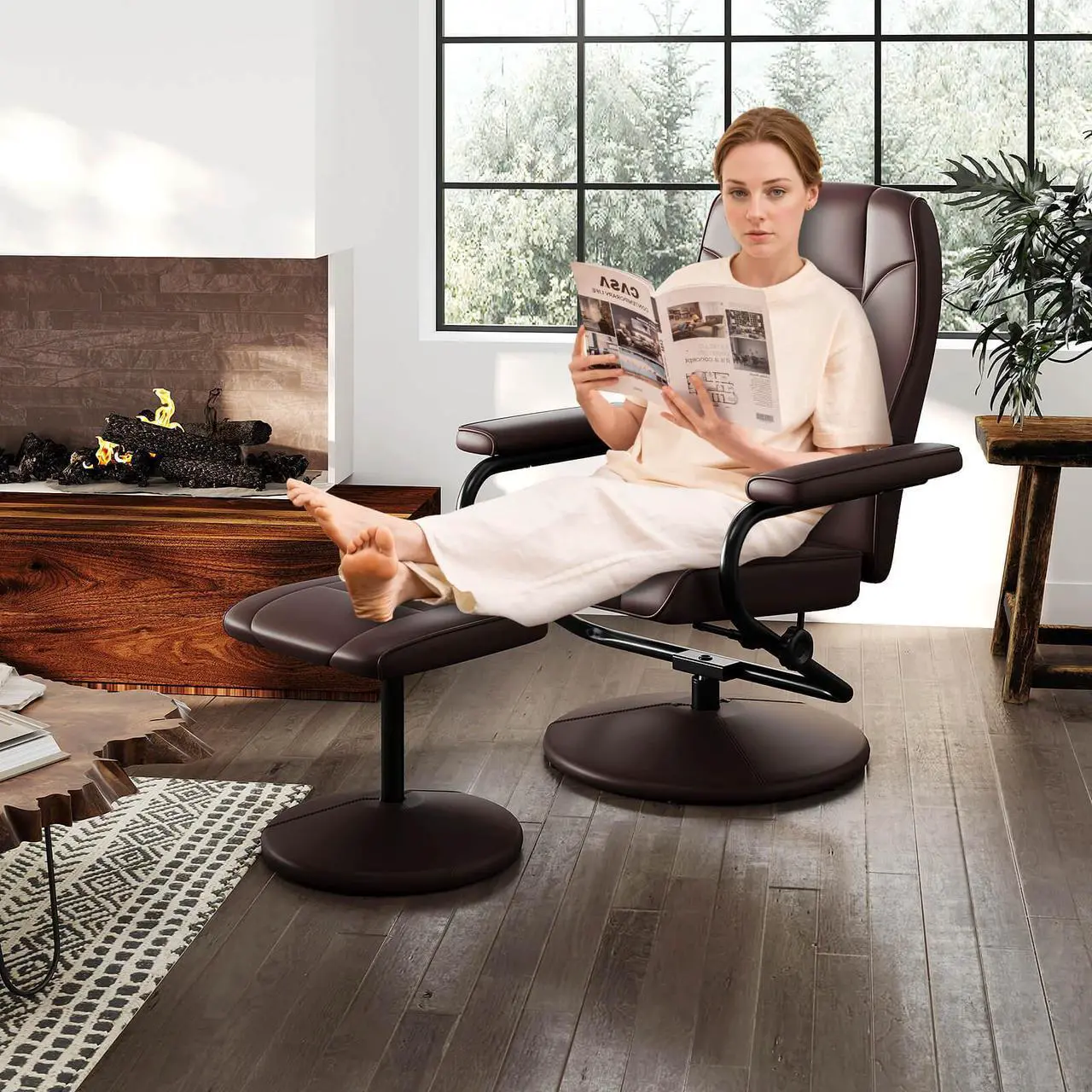 Alt view image 4 of 7 - Costway Reclining Chair with Ottoman Adjustable Backrest Padded Seat Footrest for Bedroom Brown
