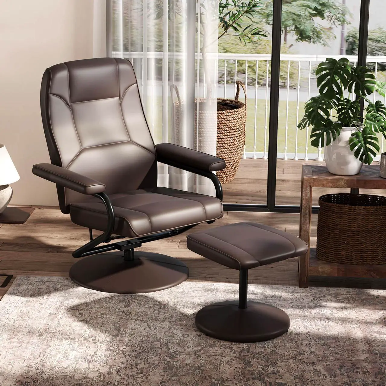 Alt view image 5 of 7 - Costway Reclining Chair with Ottoman Adjustable Backrest Padded Seat Footrest for Bedroom Brown