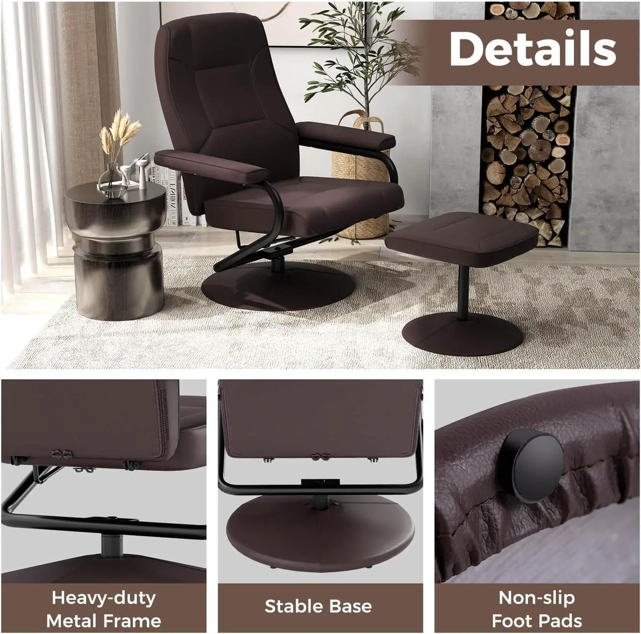 Alt view image 6 of 7 - Costway Reclining Chair with Ottoman Adjustable Backrest Padded Seat Footrest for Bedroom Brown