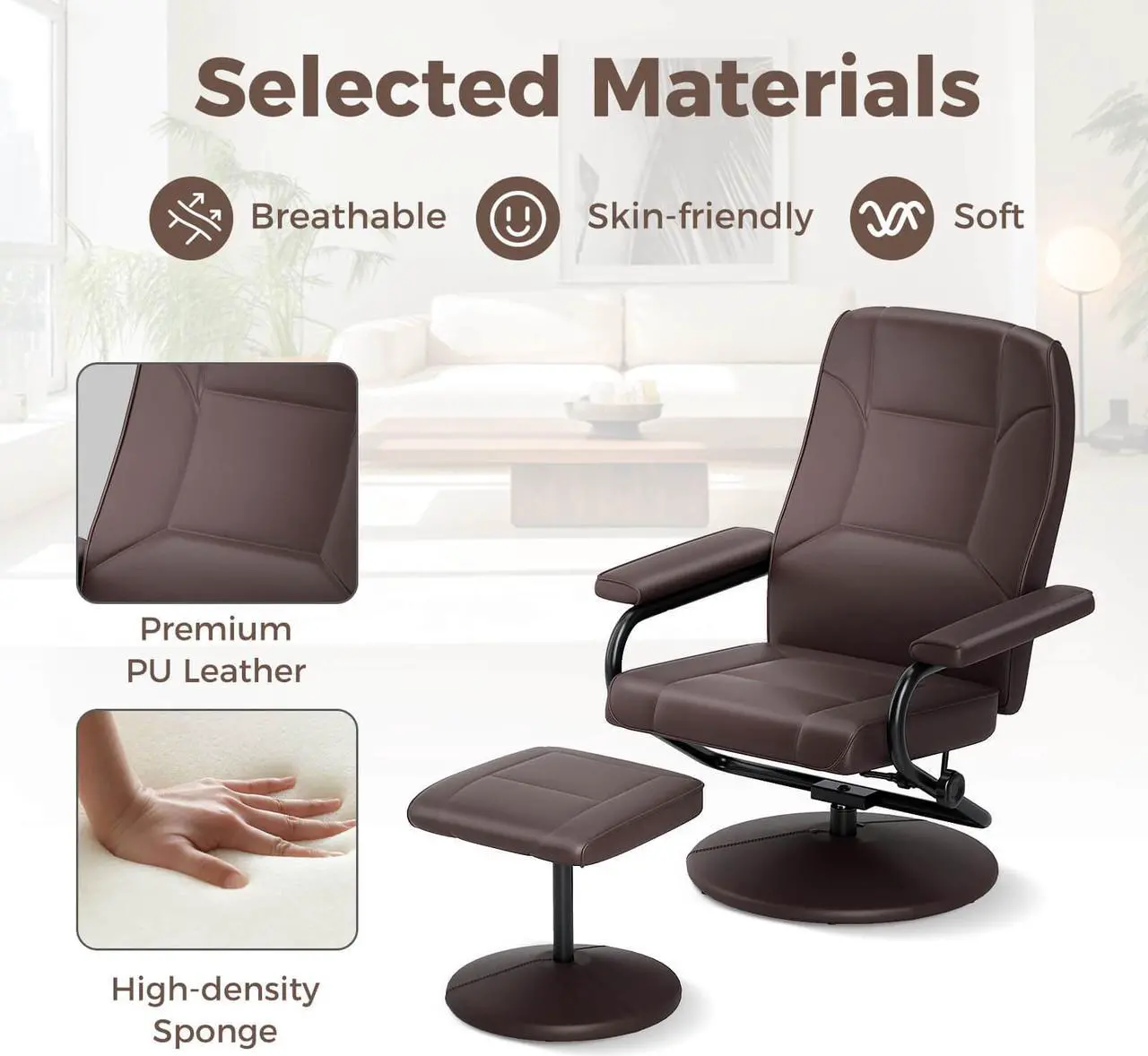 Alt view image 7 of 7 - Costway Reclining Chair with Ottoman Adjustable Backrest Padded Seat Footrest for Bedroom Brown