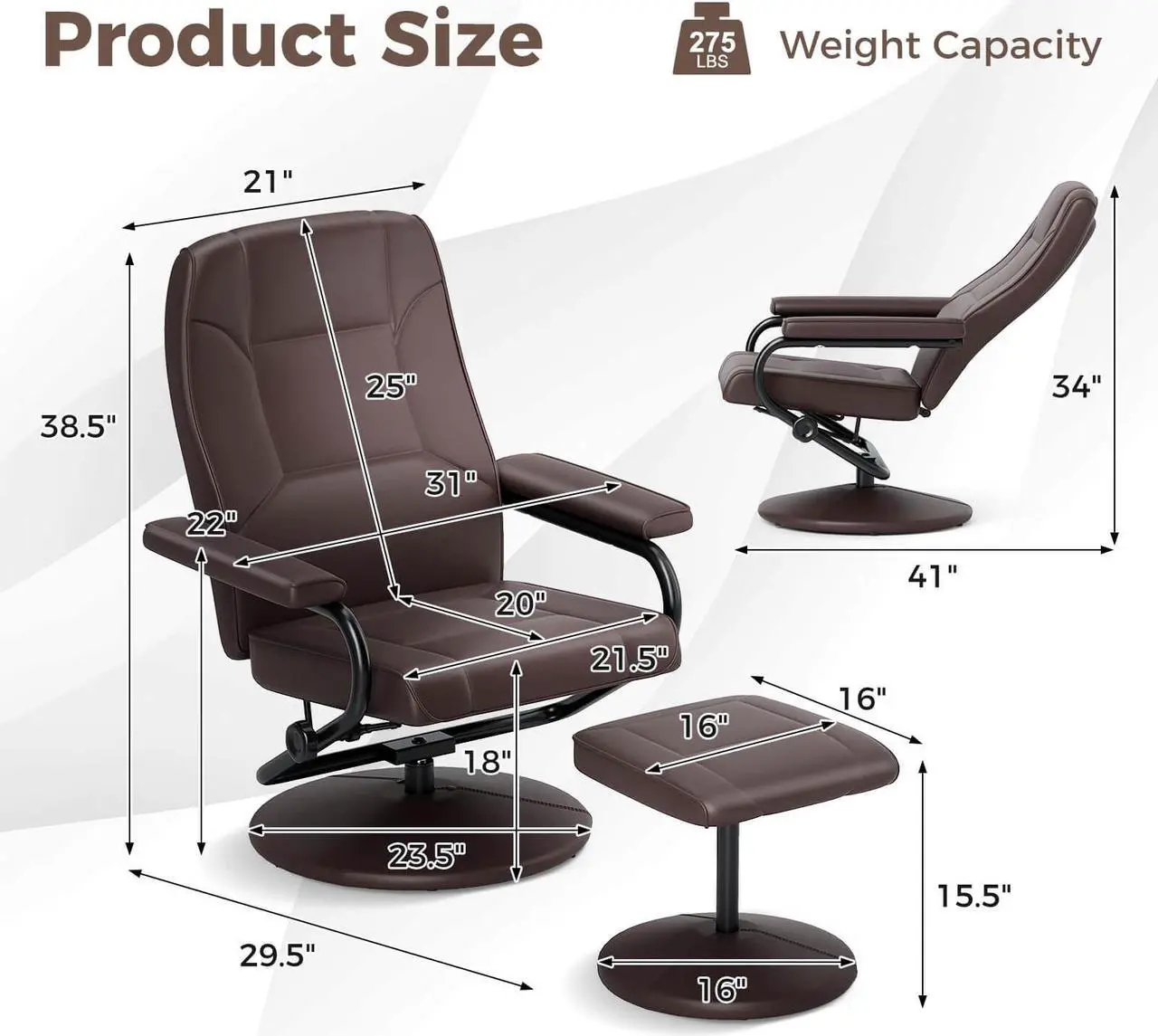 Alt view image 3 of 7 - Costway Reclining Chair with Ottoman Adjustable Backrest Padded Seat Footrest for Bedroom Brown