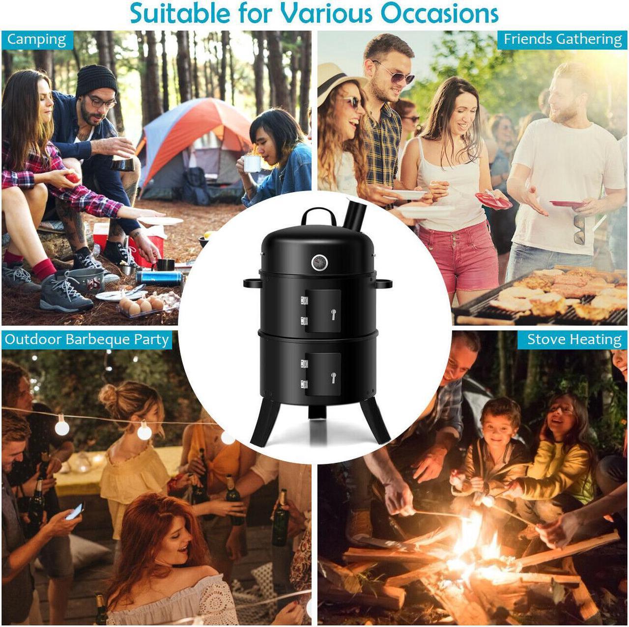 Alt view image 4 of 7 - 3-in-1 Portable Round Charcoal Smoker Vertical BBQ Grill Built-in Thermometer