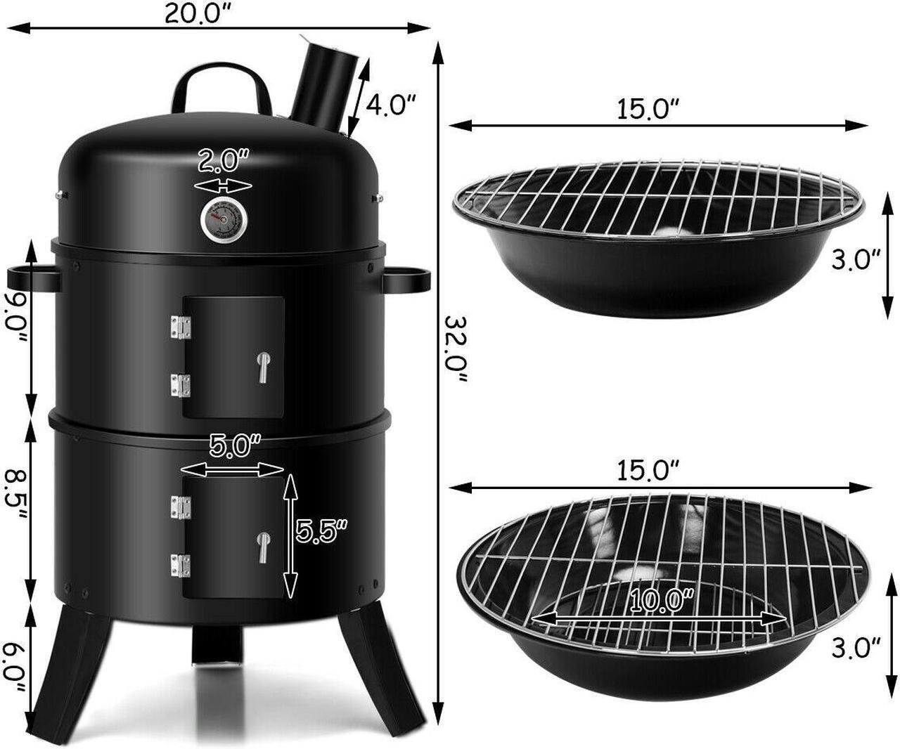 Alt view image 2 of 7 - 3-in-1 Portable Round Charcoal Smoker Vertical BBQ Grill Built-in Thermometer