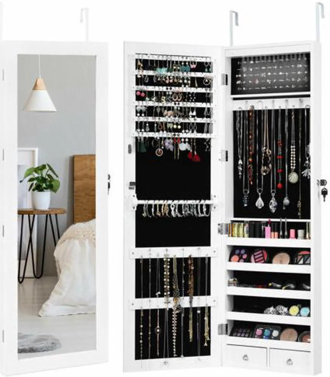 Alt view image 8 of 8 - Wall Door Mounted Mirror Jewelry Cabinet Lockable Armoire Organizer w/ LED Light