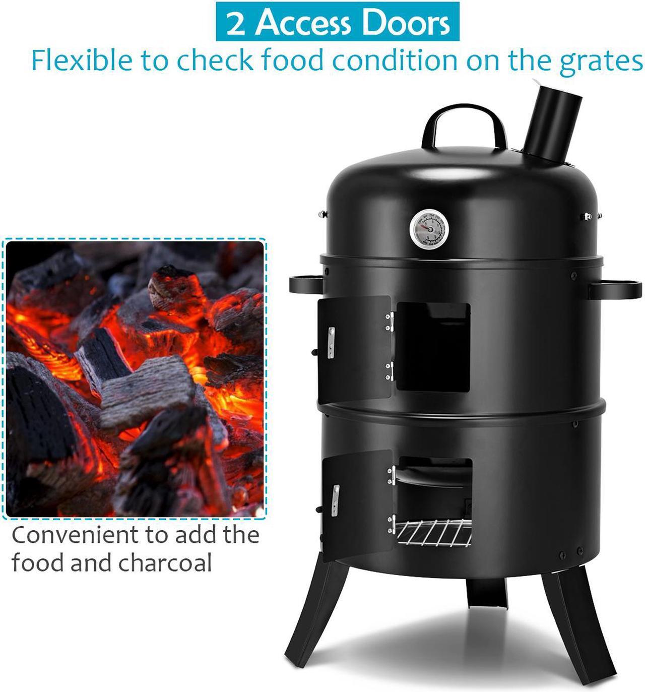 Alt view image 5 of 7 - 3-in-1 Portable Round Charcoal Smoker Vertical BBQ Grill Built-in Thermometer