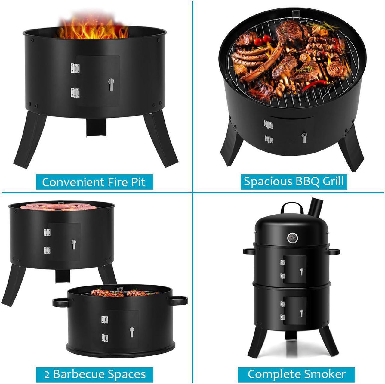 Alt view image 6 of 7 - 3-in-1 Portable Round Charcoal Smoker Vertical BBQ Grill Built-in Thermometer