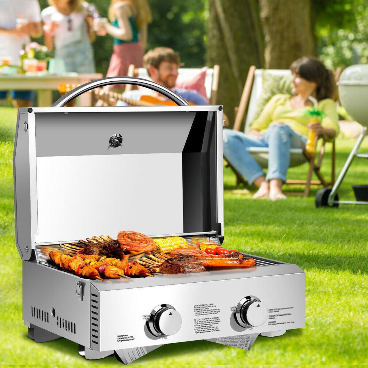 Alt view image 5 of 7 - 2 Burner Portable Stainless Steel BBQ Table Top Propane Gas Grill Outdoor Camp