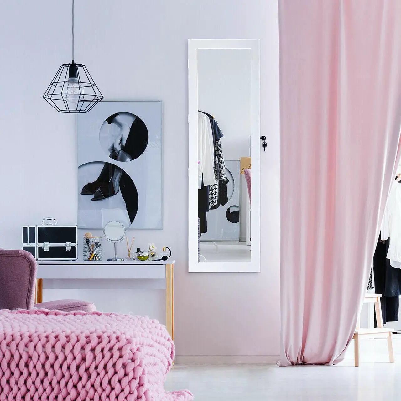 Alt view image 3 of 8 - Wall Door Mounted Mirror Jewelry Cabinet Lockable Armoire Organizer w/ LED Light
