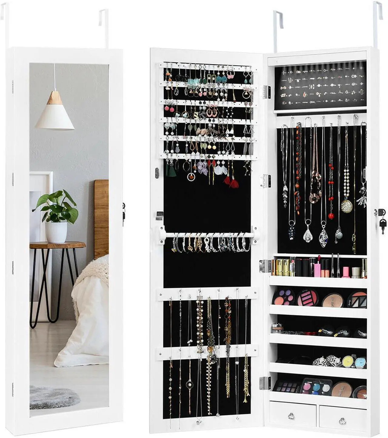 Main image of Wall Door Mounted Mirror Jewelry Cabinet Lockable Armoire Organizer w/ LED Light