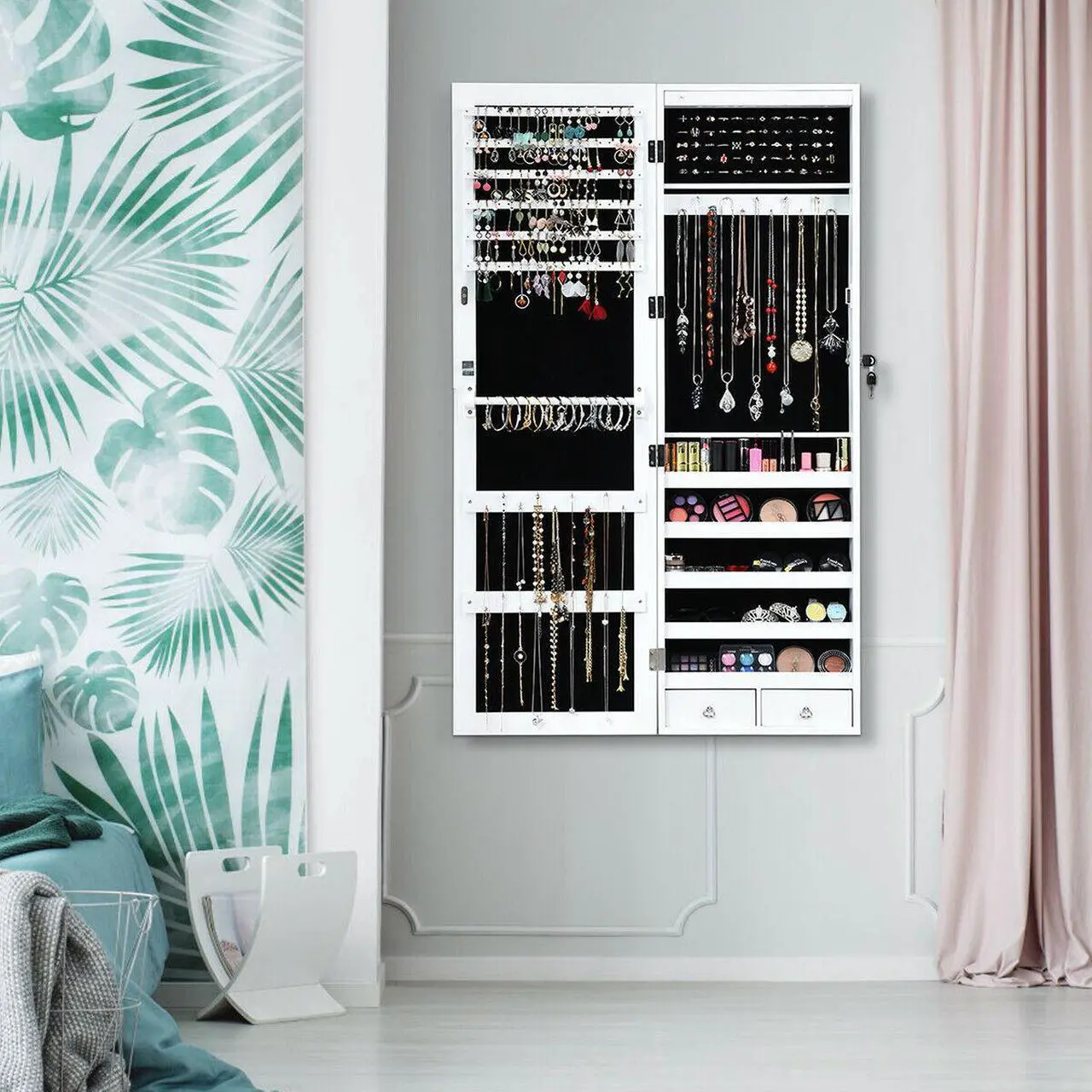 Alt view image 5 of 8 - Wall Door Mounted Mirror Jewelry Cabinet Lockable Armoire Organizer w/ LED Light