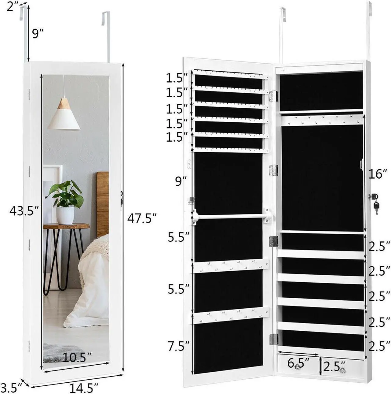 Alt view image 6 of 8 - Wall Door Mounted Mirror Jewelry Cabinet Lockable Armoire Organizer w/ LED Light