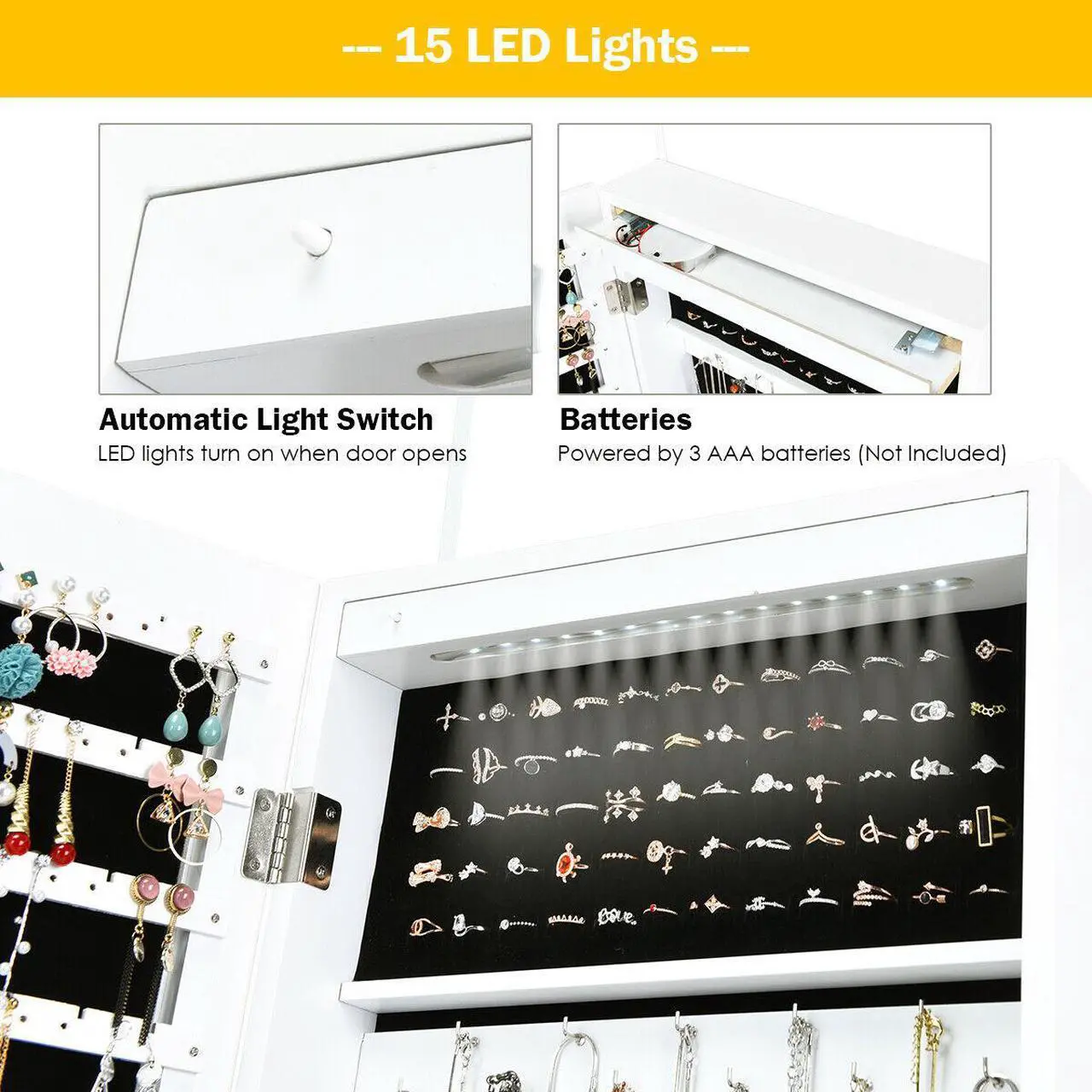 Alt view image 7 of 8 - Wall Door Mounted Mirror Jewelry Cabinet Lockable Armoire Organizer w/ LED Light