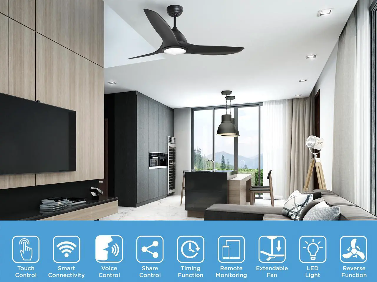 Alt view image 3 of 7 - 52 in. WiFi LED Indoor Black 3-Blade Smart Ceiling Fan with Temperature Control LED Light (Works with Alexa and Google Assistant), Black
