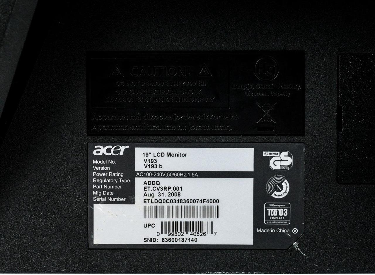Alt view image 5 of 6 - Acer V193 Black 19" LCD Monitor 5:4 1280 x 1024 VGA Grade A