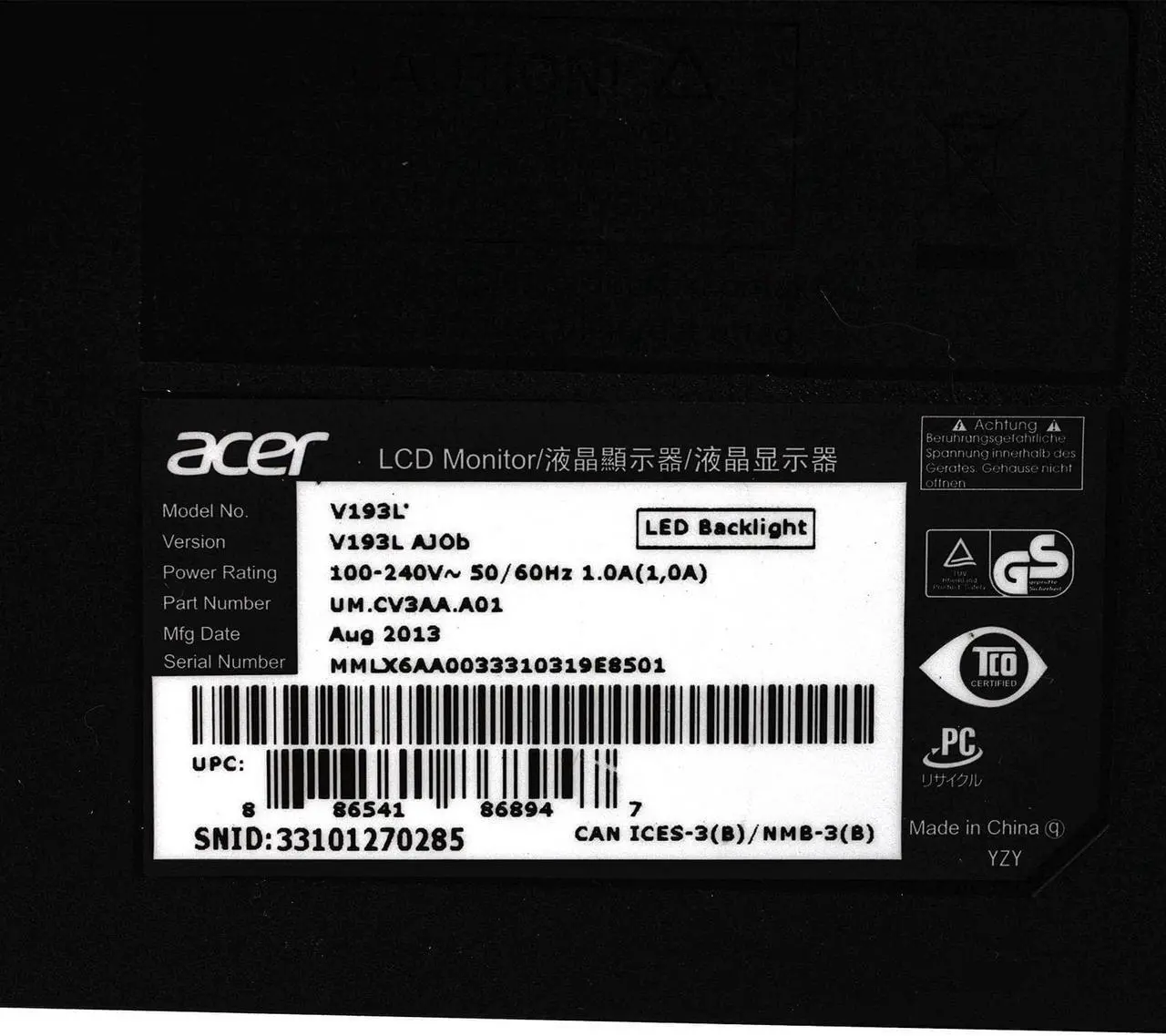 Alt view image 5 of 7 - Acer V193L Black 19" 1280x1024 5:4 LED Backlit LCD Monitor VGA DVI Grade A