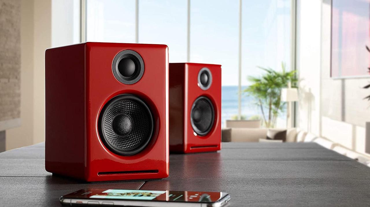 Main image of Audioengine A2+ Plus Wireless Speaker Bluetooth | Desktop Monitor Speakers | Home Music System aptX Bluetooth, 60W Powered Bookshelf Stereo Speakers | AUX Audio, USB, RCA Inputs,16-bit DAC (Red)