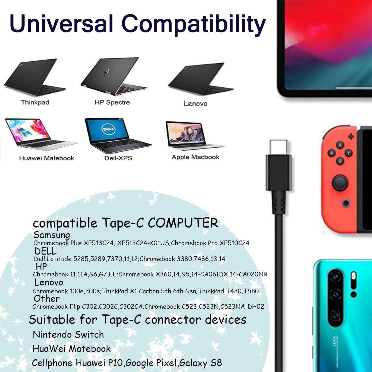 Alt view image 3 of 7 - 45W Type-C USB C Laptop Charger Compatible with HP Spectre x360 13-v111dx 13-v011dx; HP Chromebook 14-ca061dx 14-ca020nr Pavillion X2;Lenovo Yoga 720 910 ThinkPad X1 Yoga5 Pro;DELL XPS12 XPS13
