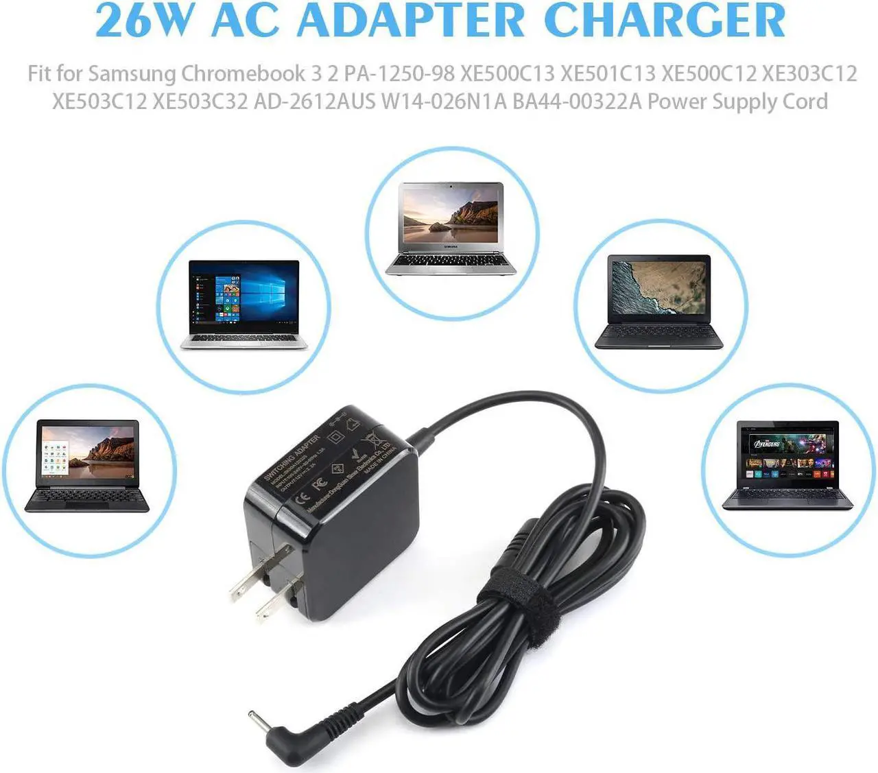 Alt view image 5 of 6 - Chromebook Charger AC Adapter Laptop for Samsung 11.6" PA-1250-98 Chromebook 3 2 303c 500C 503C E500C13 XE501C13 XE500C12 XE303C12 XE503C12 XE503C32 AD-2612AUS 26W 12V 2.2A Power Supply Cord