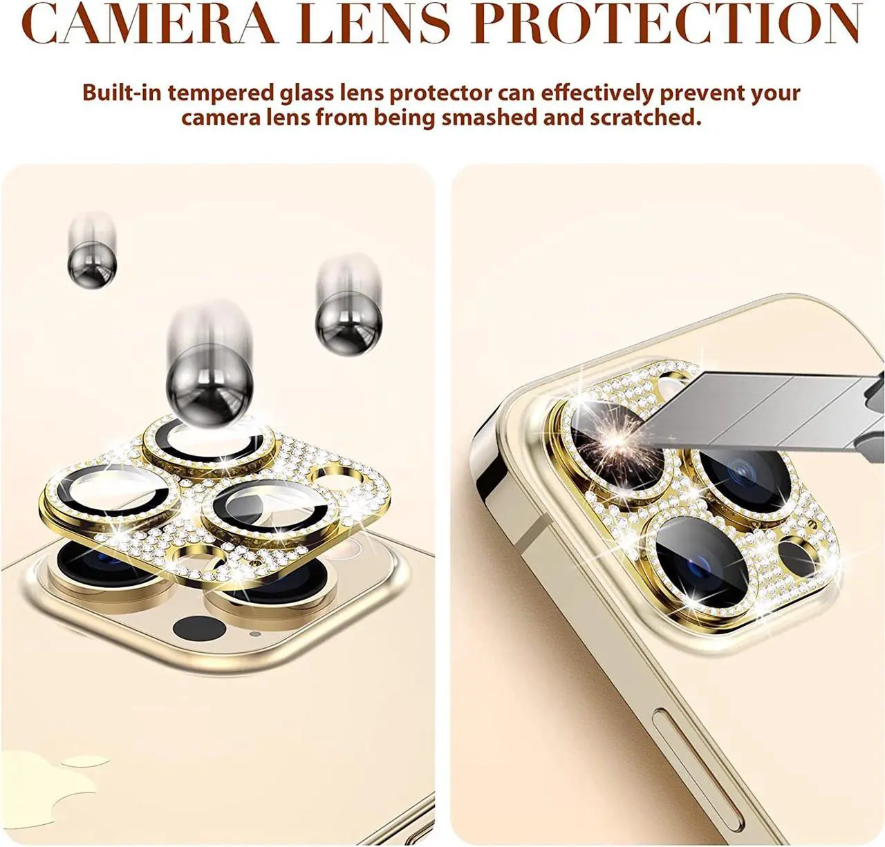 Alt view image 3 of 7 - Stardust Diamond Tempered Glass Camera Lens Protector for iPhone 13 Pro / iPhone 13 Pro Max - Gold