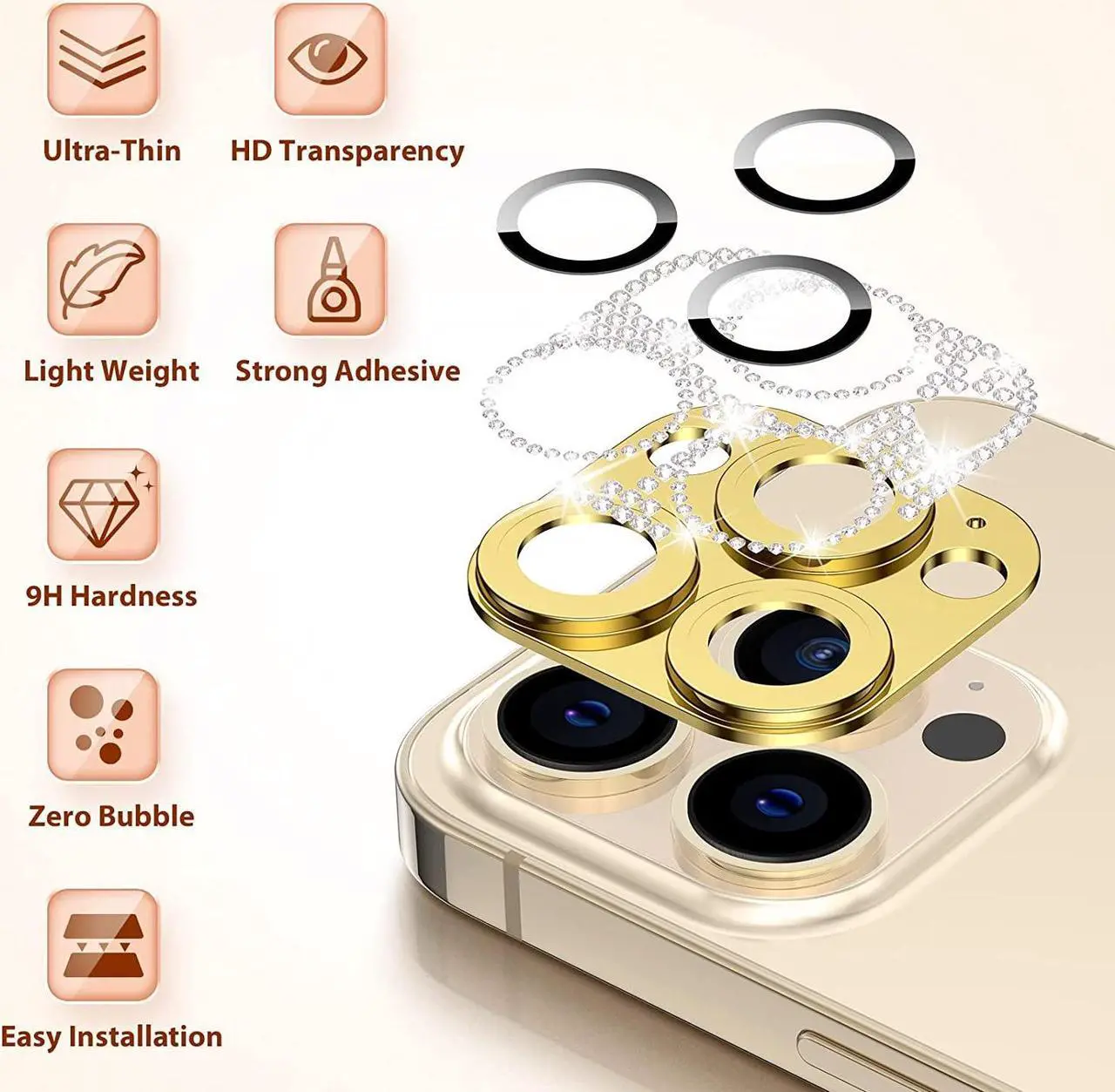 Alt view image 4 of 7 - Stardust Diamond Tempered Glass Camera Lens Protector for iPhone 13 Pro / iPhone 13 Pro Max - Gold