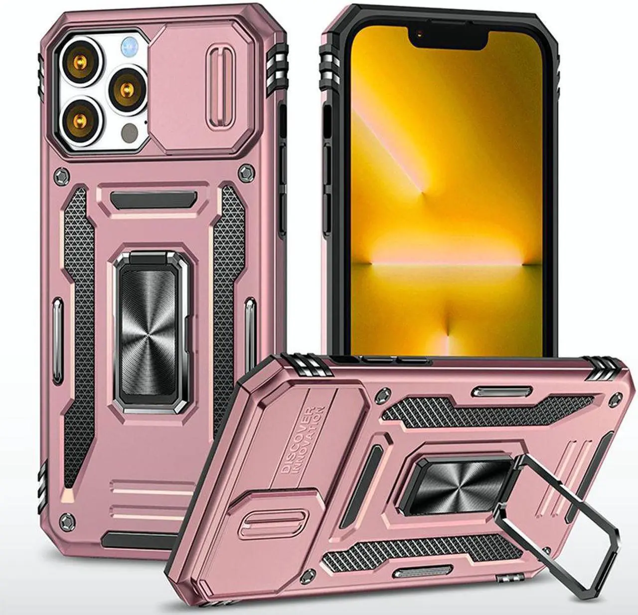 Main image of Military Grade Ring Holder Case with Camera Lens Cover for iPhone 14 Pro Max - Rose Gold