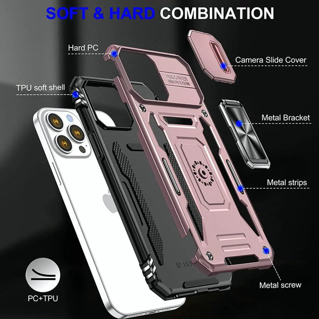 Alt view image 3 of 7 - Military Grade Ring Holder Case with Camera Lens Cover for iPhone 14 Pro Max - Rose Gold