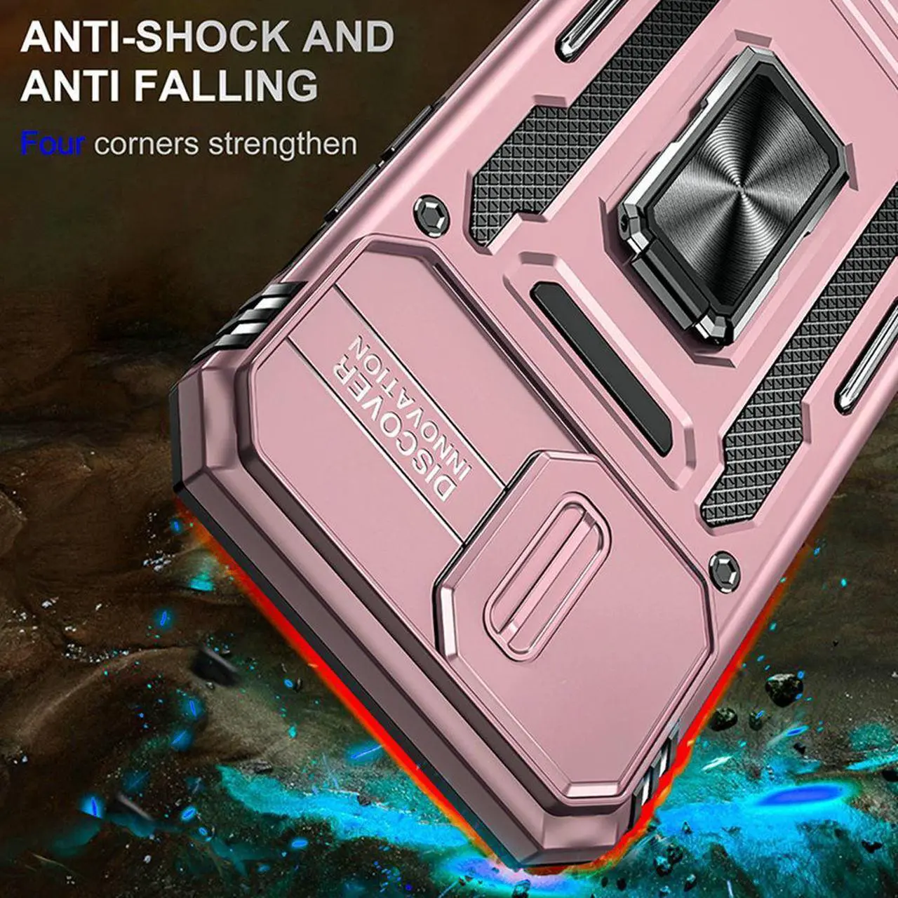 Alt view image 2 of 7 - Military Grade Ring Holder Case with Camera Lens Cover for iPhone 14 Pro Max - Rose Gold