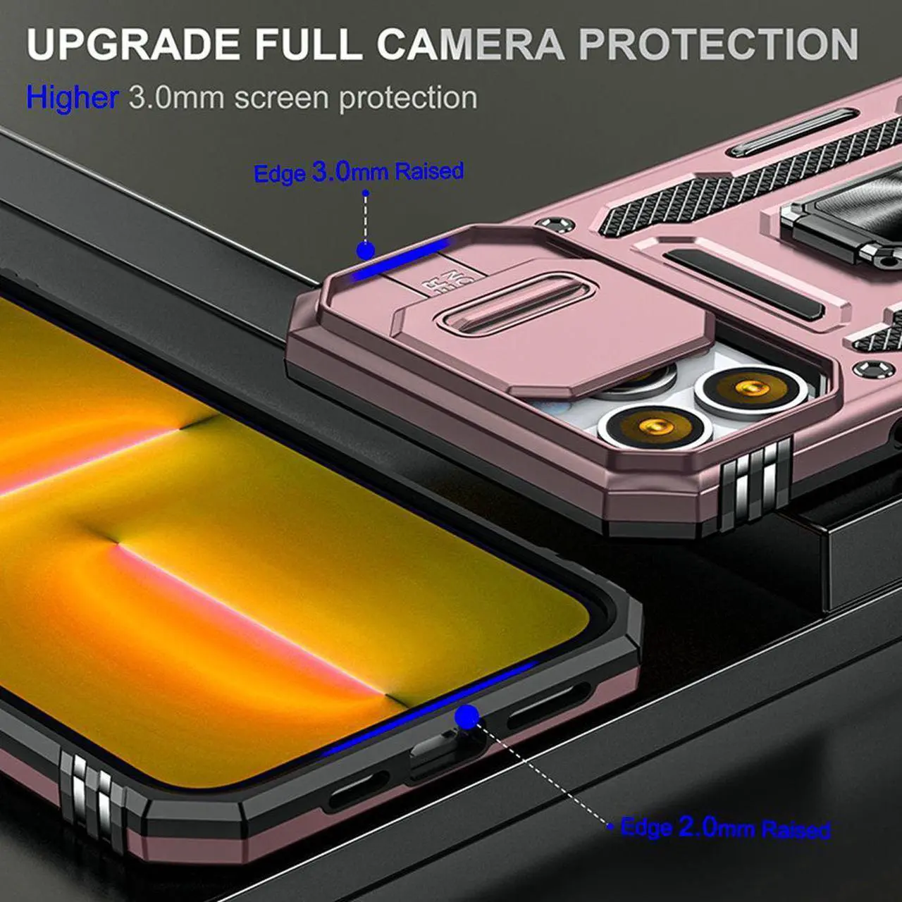 Alt view image 5 of 7 - Military Grade Ring Holder Case with Camera Lens Cover for iPhone 14 Pro Max - Rose Gold
